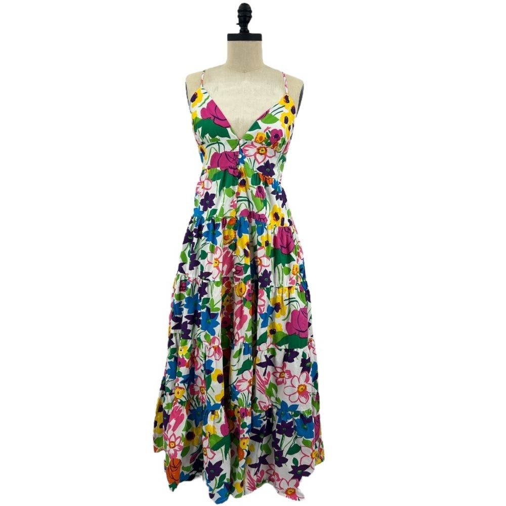 J.Crew Cotton-poplin button maxi Babydoll Floral Tiered dress Colorful S New